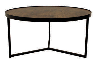 Mesa ratona Wood redonda. Tapa de madera con borde metalico negro y patas metalicas.