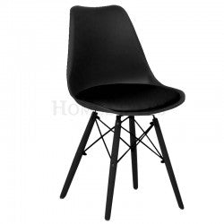 Silla Tulip Negra con almohadon tapizado y patas de madera Eames negras
